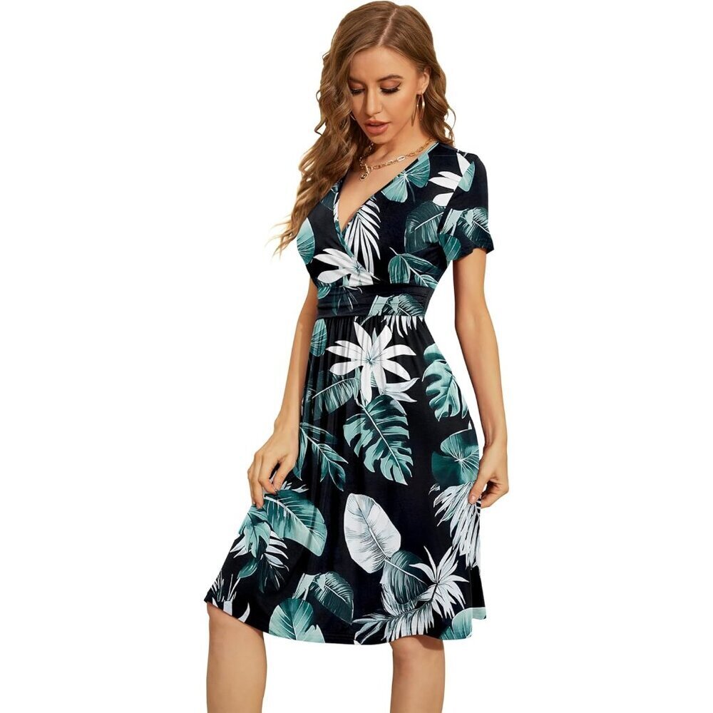 WomenGrbananaleaves Short Sleeve V-Neck Floral Stretchy Party Dress with Pockets - Picture 3 of 5